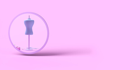 Fashion designer concept with mannequin reflected in mirror. Copy space. 3D illustration.