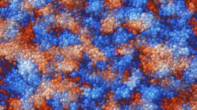 Animated mosaic background of bubbles. Drawing of movement of foam, chaotic balls. Design is fire, flame and leda, a combination of particles. Clumps of energy. Smooth flow of blue-orange color. 4k