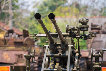 37mm anti aircraft artillery in outdoors museum in Ho chi Minh city, Vietnam, closeup double...