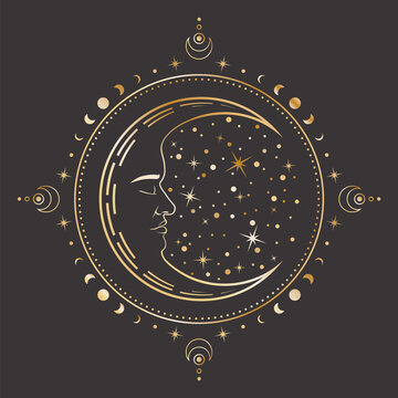 Vector mystical celestial round sticker with crescent with a sleeping face, stars and golden frame with moon phases. Ornate shiny magical linear label