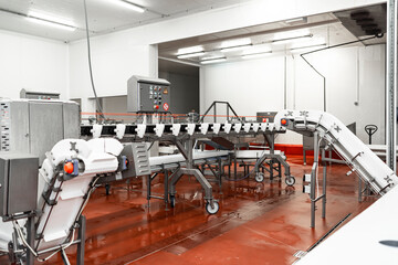 Meat processing plant. Production line of meat.Line for the production of meat with packaging and...