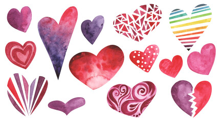 Set of differend kinds of watercolro hearts watercolor illustration