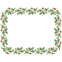 Decorative floral frame from drawn sprigs wild ripe strawberries