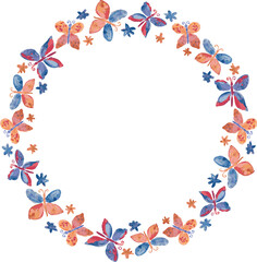Decorative vector round border from watercolor drawings colorful butterflies and daisies