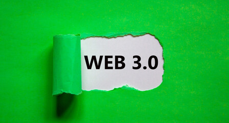 WEB 3.0 symbol. Concept words WEB 3.0 appearing behind torn green paper. Beautiful white and green background, copy space. Business, technology and WEB 3.0 concept.