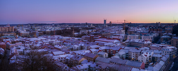 Elevated panoramic view of Gothenburg city at dawn.