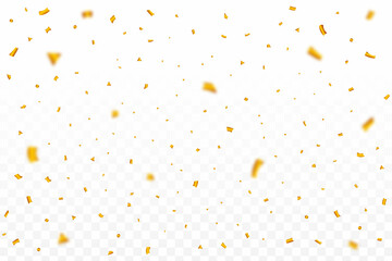 Golden party tinsel and confetti falling. Anniversary celebration. Gold color confetti falling isolated on transparent background. Carnival elements. Confetti vector for festival background.