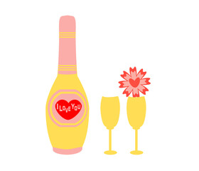 Wine, glasses for a drink, a flower with a heart, color illustration, for the holiday of lovers, on a white background