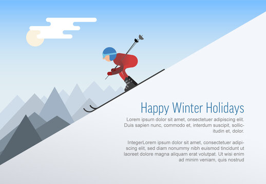 Winter Card Layout with Skier Sliding from the Snowy Hill