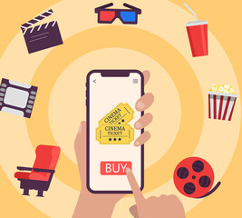 Movie ticket online shopping concept. Vector illustration