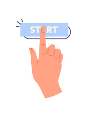 Hand with object concept. Colorful sticker with woman palm pressing Start button with index finger. Design element for social networks. Cartoon flat vector illustration isolated on white background
