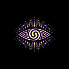 Vector neon psychedelic eye with decor. Two spiral - symbol of duality. Sacred geometry concept.