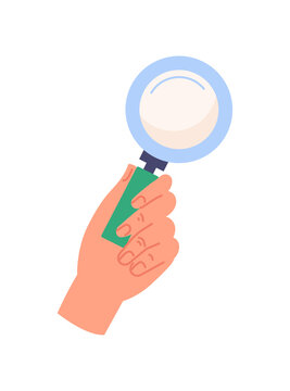 Hand with object concept. Sticker with female palm holding magnifying glass. Analysis or research. Design element for applications. Cartoon flat vector illustration isolated on white background