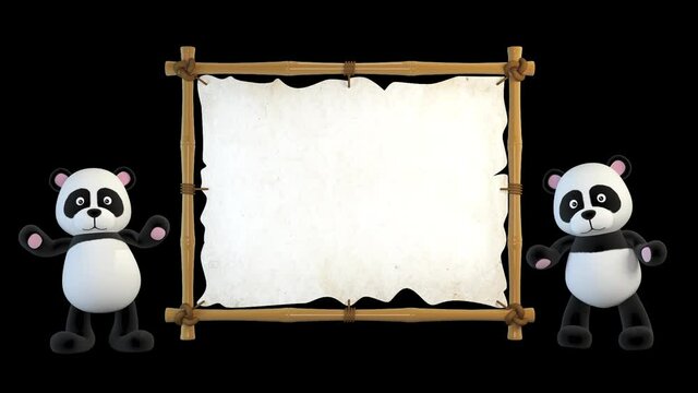 Pandas are dancing next to the bamboo frame
