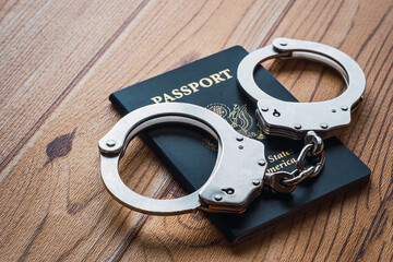 A pair of silver handcuffs laying a blue American passport on a wooden desk