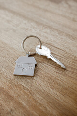 Fototapeta na wymiar One silver key with a silver key chain in the shape of a house real estate investment