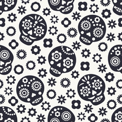 Black skull vector seamless pattern. Day of the dead elements with flowers and skull. Dia de los muertos holiday background.
