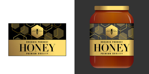 Etiquette chic et raffiné, or et noire pour un bocal d’un producteur de miel - texte anglais.