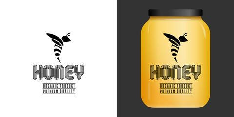 Packaging au design noir et sans fond pour un bocal d’un producteur de miel avec une typographie originale et  une abeille de profil - texte anglais.