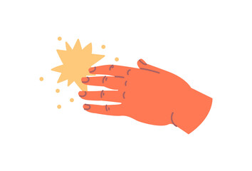 Hand with object concept. Minimalistic sticker with gentle female palm touching yellow star. Design element for printing on paper. Cartoon flat vector illustration isolated on white background