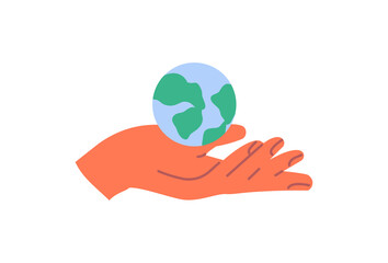 Hand with object concept. Woman palm holds planet Earth. Caring for nature or environment. Design element for logos and emblems. Cartoon flat vector illustration isolated on white background