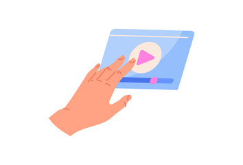 Hand with object concept. Beautiful female palm presses digital button and starts video or music. Design element for social networks. Cartoon flat vector illustration isolated on white background