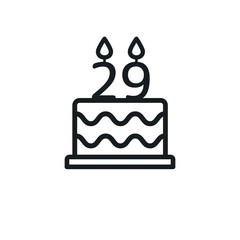 Birthday cake line icon with candle number 29. Vector.