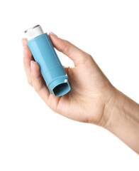 Female hand with asthma inhaler on white background