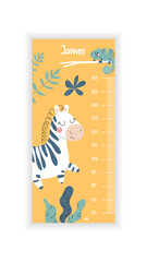 Fototapeta premium Kids height chart concept. Beautiful yellow ruler with cute zebra, chameleon on branch and tropical leaves. Growth measurement equipment. Cartoon flat vector illustration isolated on white background