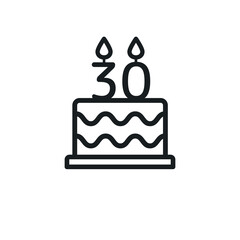Birthday cake line icon with candle number 30. Vector.