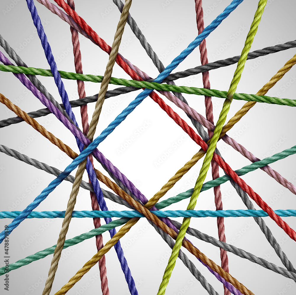 Poster Diamond shape Divesisty connection group of ropes creating a centralized angular shape as a connect concept for business or social media.