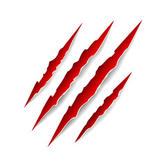Red animal claw marks, scratches, talons cuts cat, tiger, dog, lion, monster isolated on white background. Vector realistic illustration. Design for animal print, banner, poster