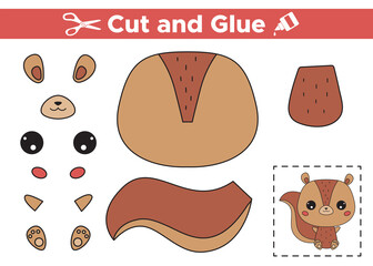 Cut and glue cute squirrel. Educational paper game for preschool children. Cutout and gluing to create the image. Cartoon kawaii forest animal. Vector illustration.