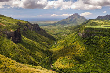 Mountain Landscape of the gorge on the island of Mauritius, Green mountains of the jungle of...
