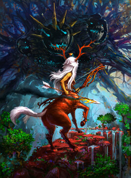 Fantasy illustration. hero pose, evel monster, magical forest, elfs © Firgapolis
