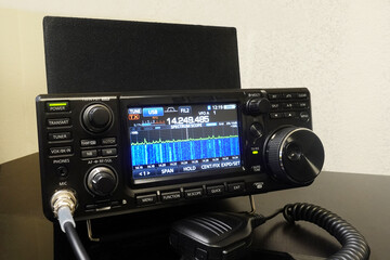 Modern high frequency radio amateur transceiver closeup