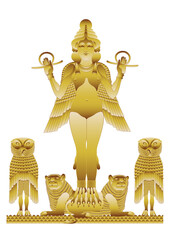 Queen of the Night. A likely representation of either Ereshkigal or Ishtar. Graphic concept of the Burney Relief. Southern  Mesopotamian. Old-Babylonian period. Dated it between 1800 - 1750 BCE