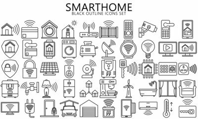 Fototapeta na wymiar Smart home icons set. Vector collection of smart house concept symbols in Outline style. Home automation control systems signs. Used for web, UI, UX kit and applications, EPS 10 ready convert to SVG.