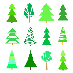 Obraz premium Green trees and christmas trees on white. Set for icons on isolated background. Geometric art. Universal collection for trendy design