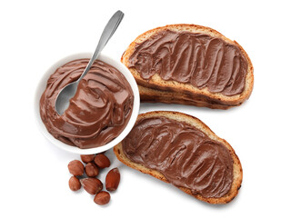 Bread with chocolate paste and hazelnuts on white background