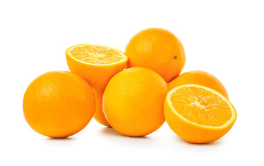 Fresh ripe cut oranges on white background