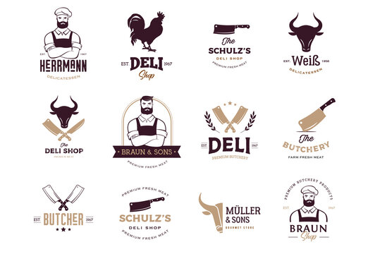 Butcher shop, gourmet, deli store logo design. Hipster butcher, knifes and cow symbols