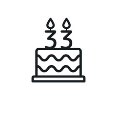 Birthday cake line icon with candle number 33. Vector.