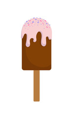 Ice cream concept. Colorful sticker with cold delicious chocolate sweetness, icing and candies. Design element for social networks. Cartoon flat vector illustration isolated on white background