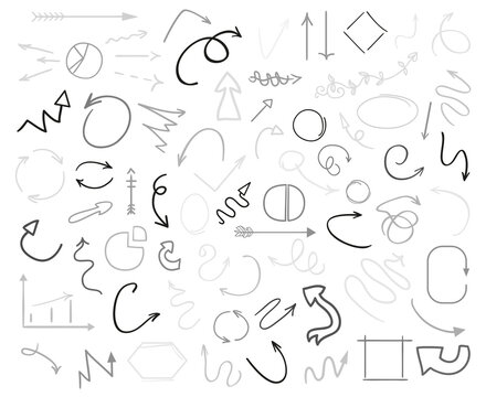 Linear shapes on white. Chaos scribble sketches. Tangled arrows. Backgrounds with array of lines. Black and white illustration. Doodles for design and business