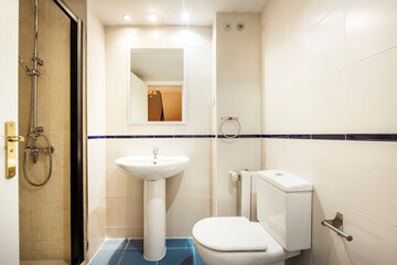 Fototapeta na wymiar Conventional bathroom with shower and mirror in a vacation rental apartment