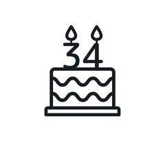 Birthday cake line icon with candle number 34. Vector.