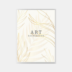 Abstract art background in baige color with golden silhouette plants. Invitation design for valentine, wedding. Festive vector illustration.
