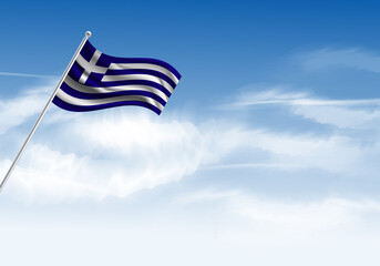 Flag of the Greece on a stick, clear sky in the background