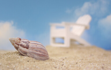 Sea Shell and Beach Chair on beach, Shallow DOF, Focus on Shell